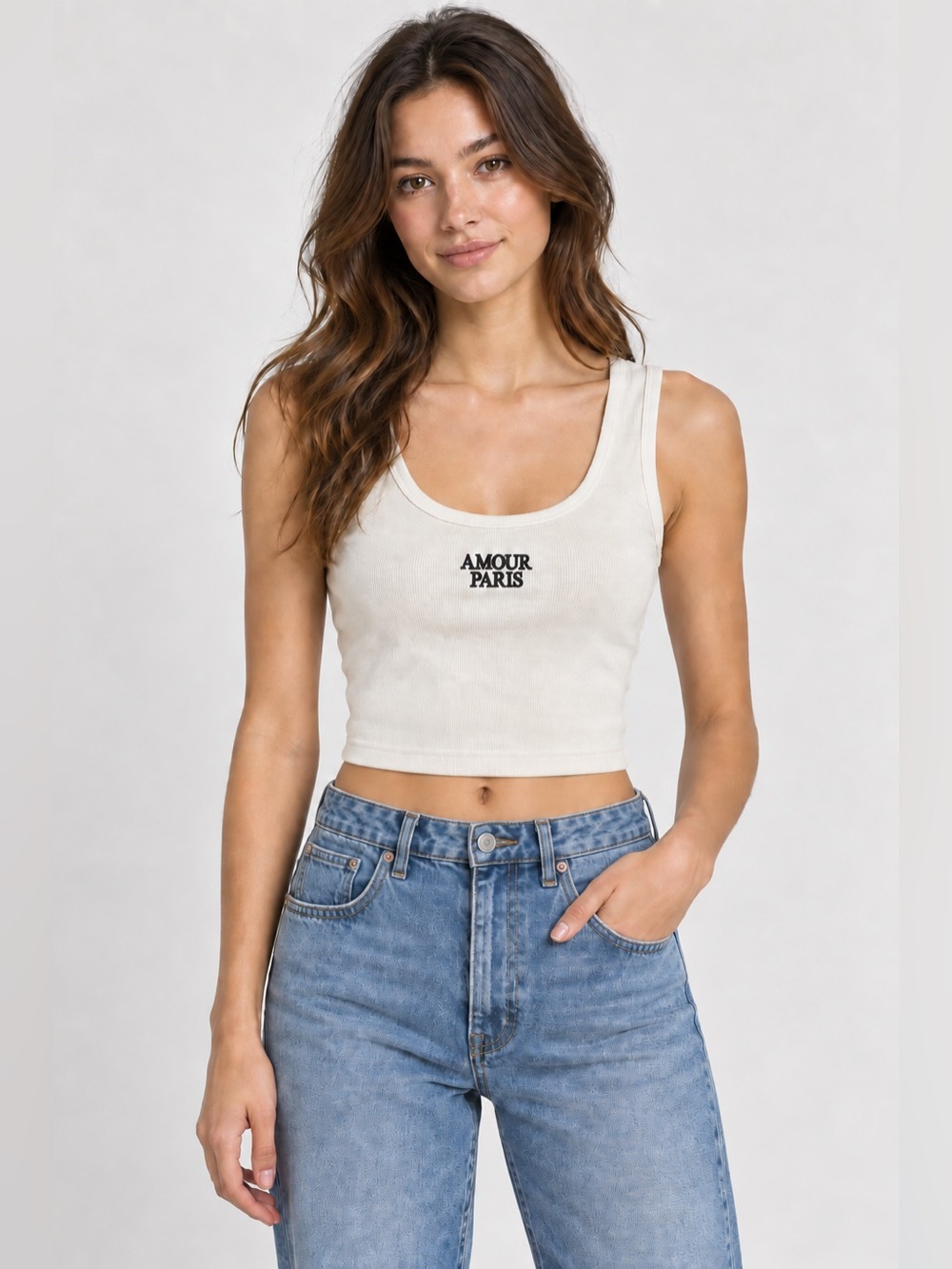 H&M Divided Amour‎ Paris Ribbed Tank Top White Sleeveless Scoop Neck Large